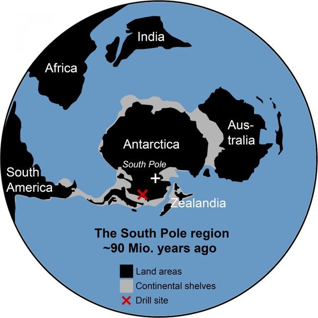 Bản đồ này cho thấy vị trí của các lỗ khoan và vị trí của các lục địa cách đây 90 triệu năm.