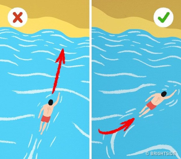 Đừng bơi thẳng vào bờ mà hãy bơi theo đường chéo hoặc song song với bờ để thoát khỏi dòng nước.