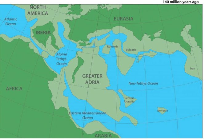 Bản đồ mô tả lục địa cổ đại Greater Adria.