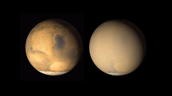 Sao Hỏa trước và sau khi bị bão bụi bao phủ