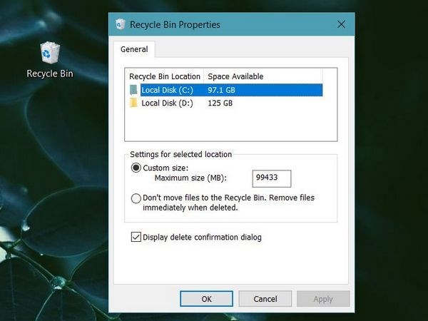 Thủ thuật Windows 10: giới hạn dung lượng của Recycle Bin