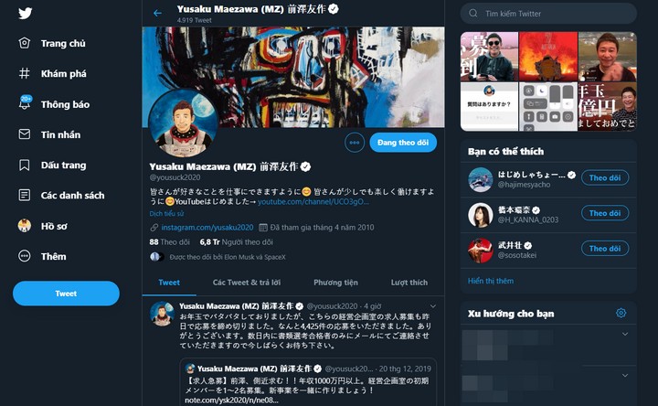 Tỷ phú Nhật tặng 9 triệu USD cho người follow Twitter để xem mọi người có hạnh phúc không