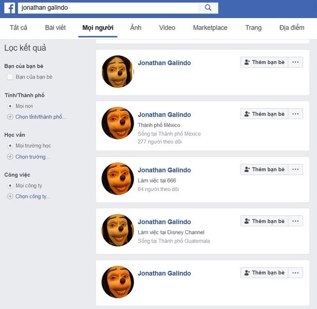 Hàng loạt tài khoản Jonathan Galindo được lập ra trên Facebook, với chung một hình ảnh đại diện.