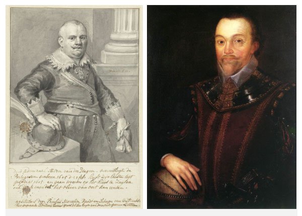 2 nhà thám hiểm phương Tây: Bên phải là Francis Drake, trái là Olivier van Noort