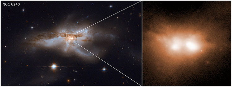 Cận cảnh thiên hà NGC 6240 và hình ảnh phóng to của 2 lỗ đen đang sáp nhập ở trung tâm