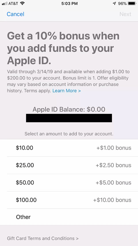 Apple tặng 10% giá trị tiền nạp vào tài khoản