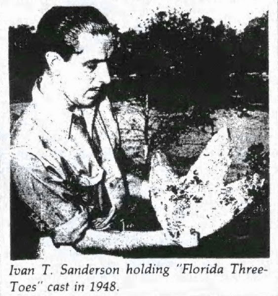 Ivan Sanderson cầm mẫu chân chim được đúc ra từ vết chân trên mặt đất.