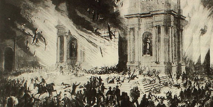 Tranh cổ mô tả trận cháy nhà thờ Companion de Jesus, Chile