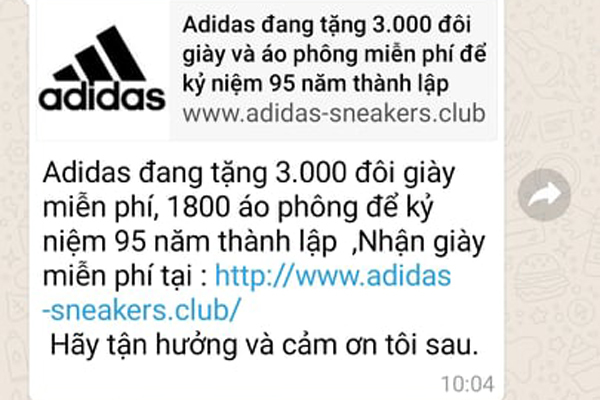 Ham khuyến mãi, nhiều người chia sẻ tin nhắn lừa tặng 3.000 đôi giày Adidas
