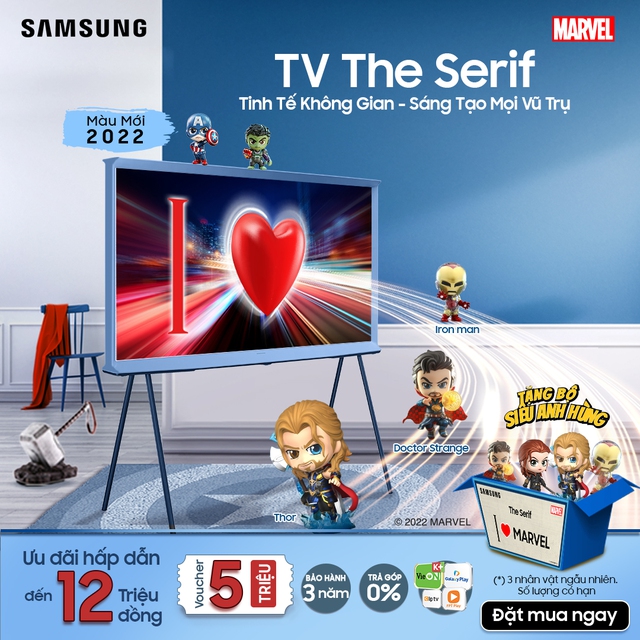 Ra mắt TV Samsung The Serif 2022: Có thêm màu mới, tặng kèm mô hình siêu anh hùng Marvel - Ảnh 1.