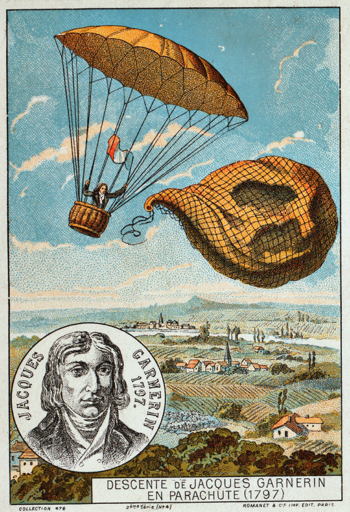 Minh họa Garnerin nhảy dù  từ khí cầu và tiếp đất tại Apollo Monceau, ngày 22/10/1797.