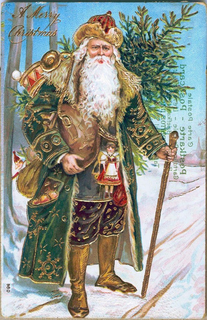 Ông già Noel trong chiếc áo khoác màu xanh lá cây, năm 1910.