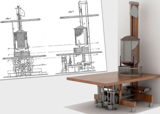 Bản vẽ và mô hình thang máy của Otis Tuft.