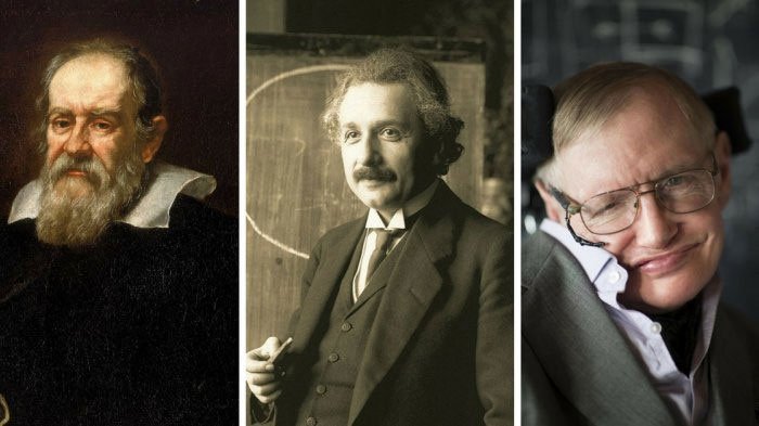 Từ trái qua: Galileo Galilei, Albert Einstein và Stephen Hawking.