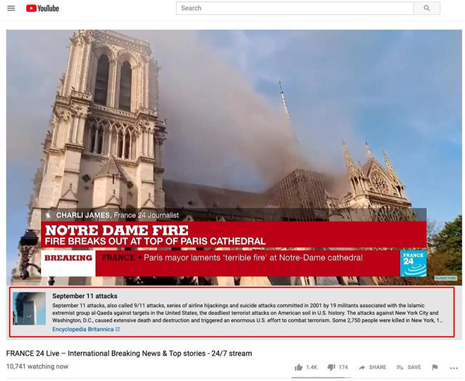 YouTube nham vu chay Nha tho Duc Ba o Paris la khung bo 11/9