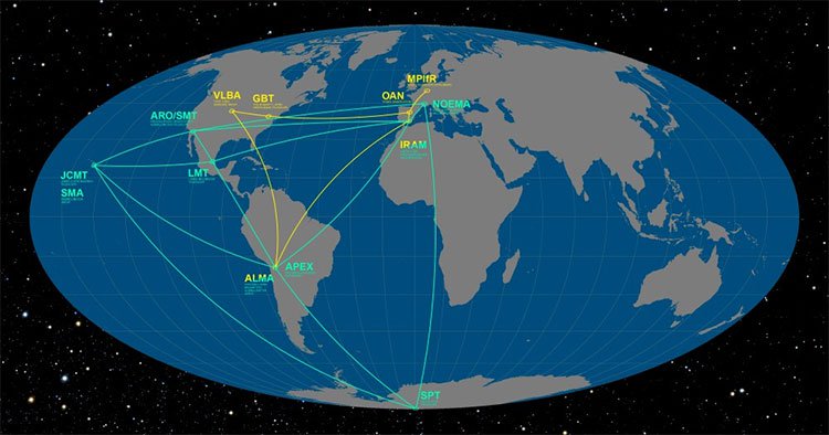 Các đài quan sát trên khắp thế giới thuộc dự án Kính thiên văn Chân trời Sự kiện.