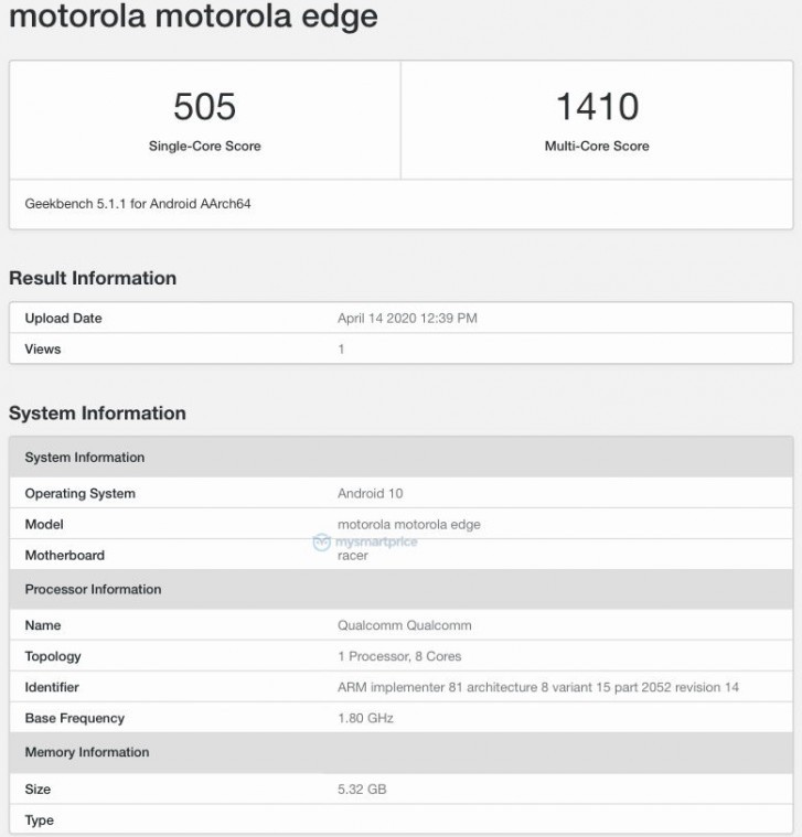 Motorola Edge xuất hiện trên Geekbench: Snapdragon 765, ngày ra mắt 22/4 ảnh 1