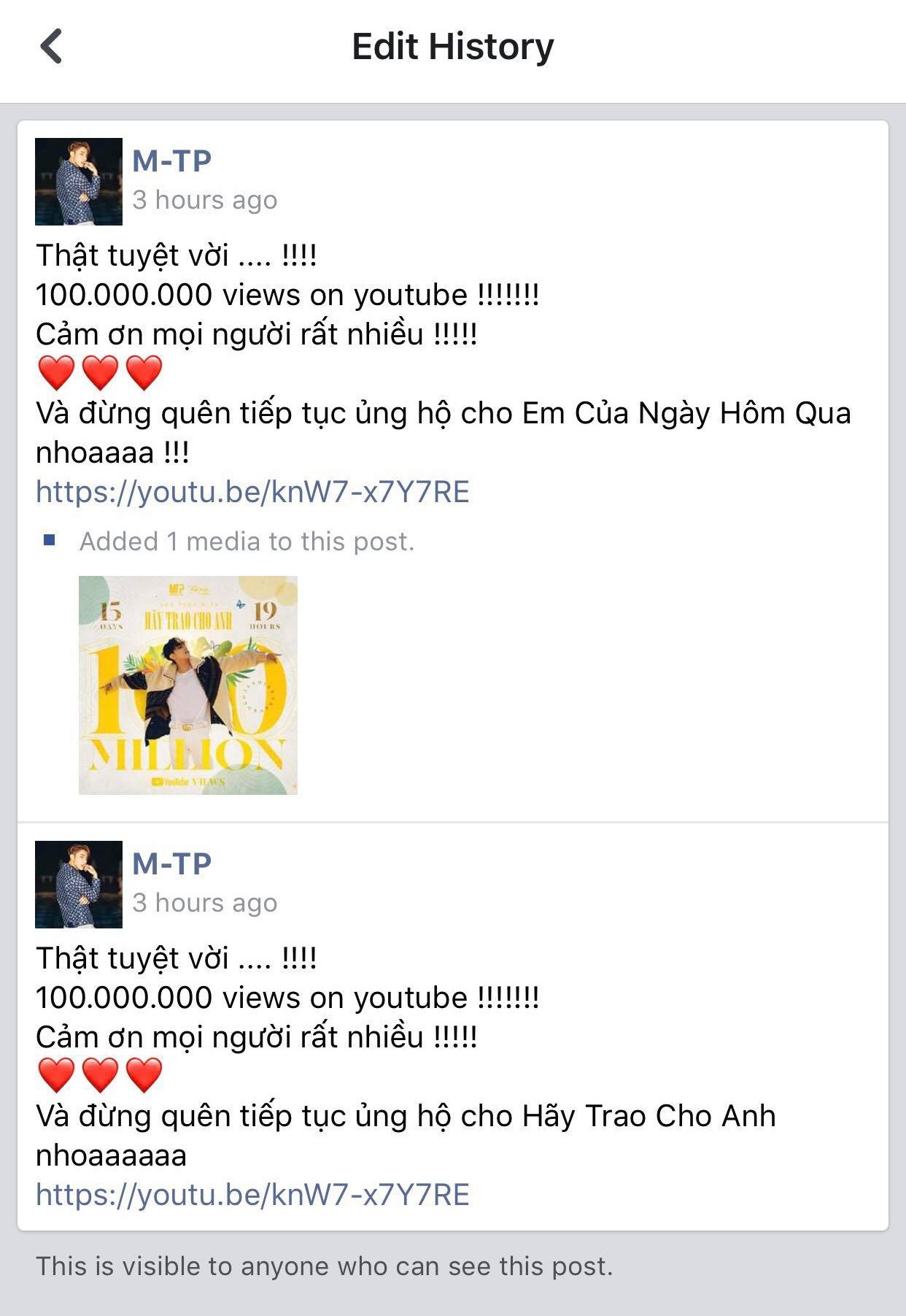 MV Hãy Trao Cho Anh đạt mốc 100 triệu views, Sơn Tùng M-TP vui quá viết caption chúc mừng... Em Của Ngày Hôm Qua - Ảnh 2.