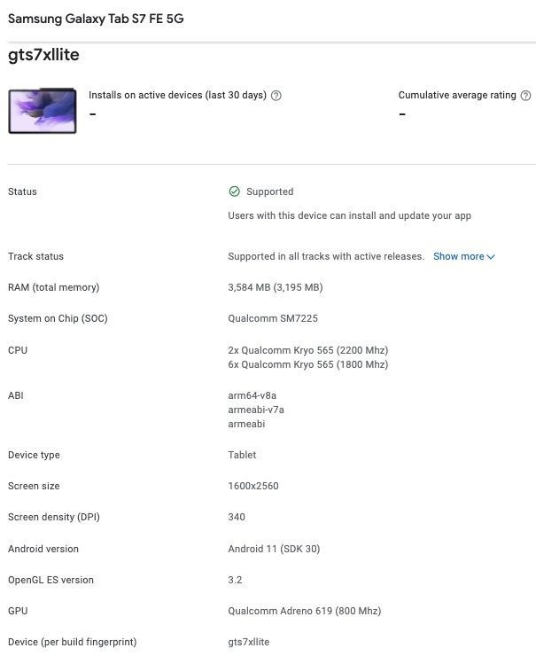 Samsung Galaxy Tab S7 FE được liệt kê trên Google Play Console ảnh 1