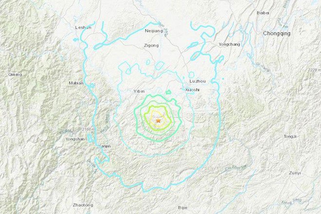 Vị trí tâm chấn trong trận động đất tại tỉnh Tứ Xuyên, Trung Quốc, tối 17/6.