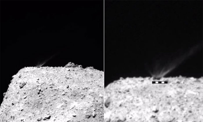 Đất đá văng lên khi tàu Hayabusa 2 bắn tiểu hành tinh Ryugu.
