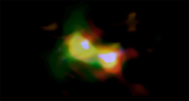 Hình ảnh của hệ thống kính viễn vọng ALMA cho thấy dấu hiệu oxy , carbon (xanh nước biển) và bụi (đỏ) của B14-65666