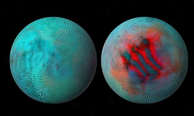 Ảnh chụp cực bắc mặt trăng Enceladus  và cực nam (phải).