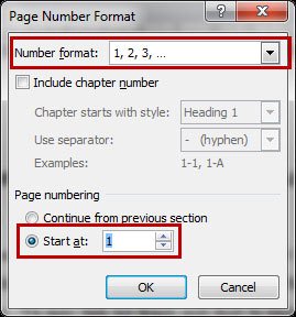 : Hộp thoại Page Number Format xuất hiện, chọn kiểu đánh số trang trong Number Format và chọn Start at