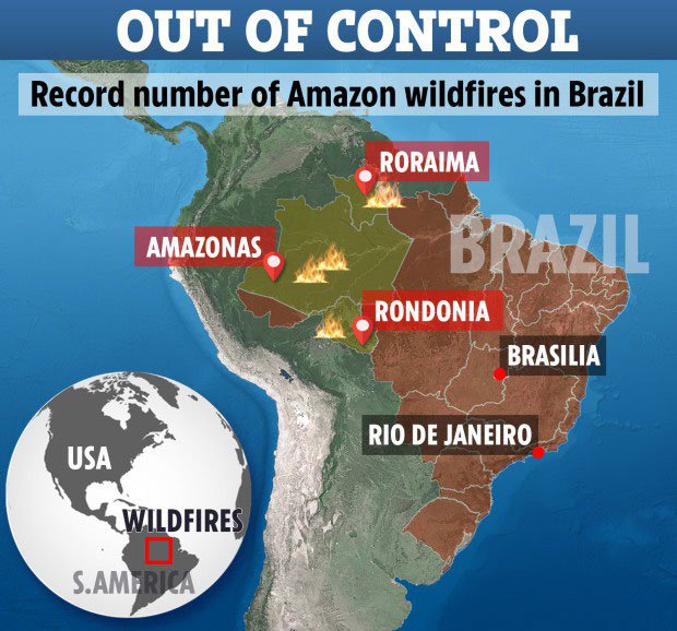 Biểu tượng minh họa đốm lửa cho thấy những nơi cháy rừng ngoài tầm kiểm soát: Roraima, Amazonas, Rondonia.