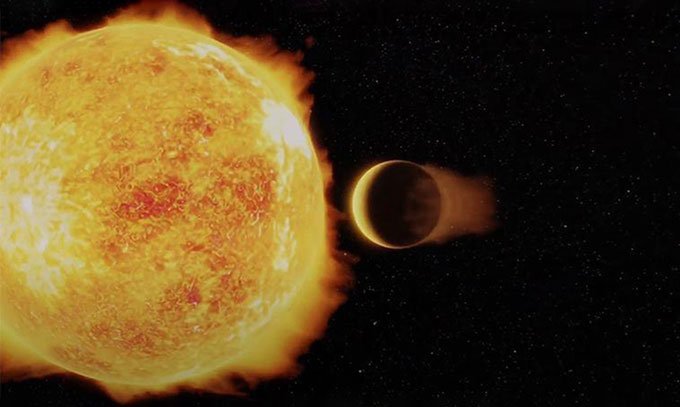 Đồ họa mô phỏng hành tinh LTT 9779 b quay quanh ngôi sao giống Mặt trời.