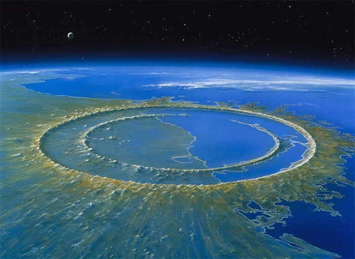 Hình ảnh minh họa miệng hố Chicxulub được tạo thành ngay sau khi thiên thạch va vào Trái Đất.