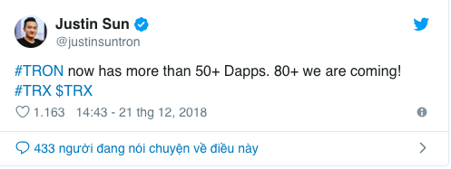 Mạng TRON đạt 50 dApp, lượng người dùng nhiều hơn Ethereum