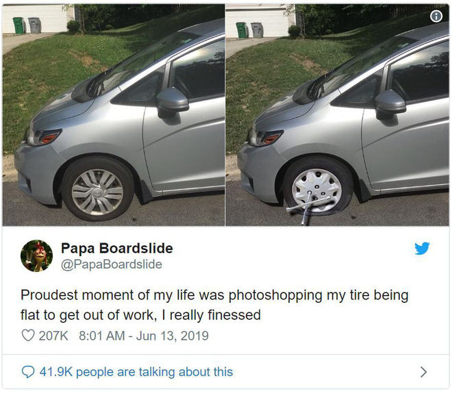 Chán đi làm, thanh niên Photoshop ảnh xe của mình bị thủng lốp để xin nghỉ - Ảnh 2.