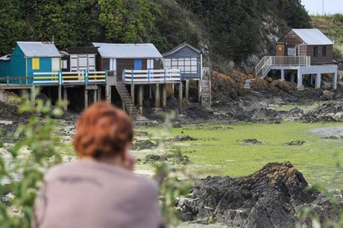 Một người phụ nữ nhìn ra các dãy nhà bị tuyên bố không tiếp cận vì tảo độc tại bãi biển Valais, thuộc Saint-Brieuc