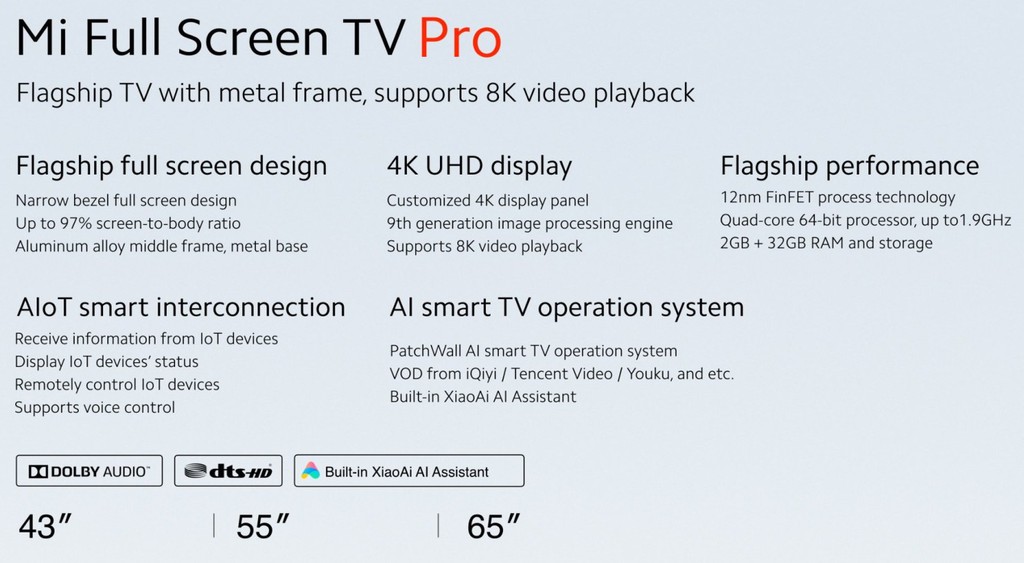Xiaomi Mi TV Pro ra mắt: phát hình ảnh 8K, 3 kích thước. giá từ 210 USD ảnh 2