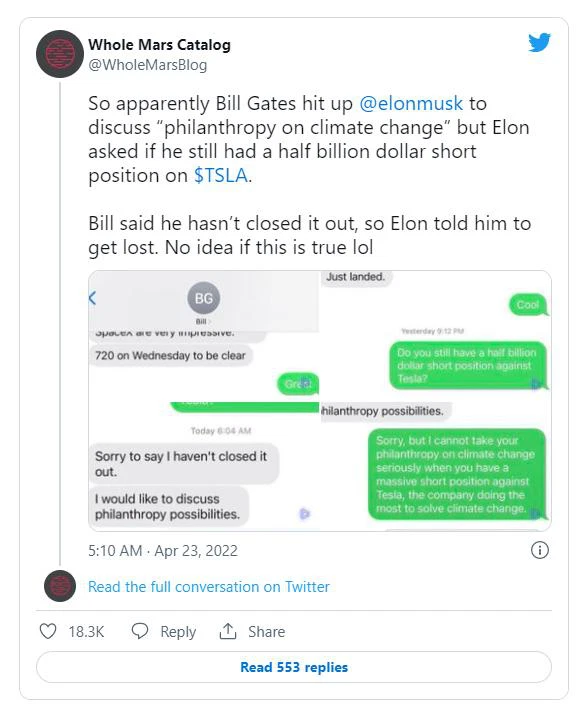 Elon Musk lại cà khịa Bill Gates trên Twitter, từ chối hợp tác do Gates dự định bán khống cổ phiếu Tesla - Ảnh 2.