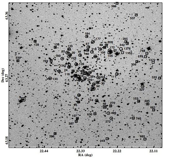 Bản đồ 70 ngôi sao biến quang mới được phát hiện trong cụm sao NGC 559.