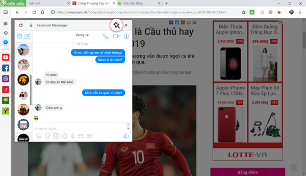 Lướt web và nhắn tin Messenger trên cùng màn hình với phiên bản Cốc Cốc 77