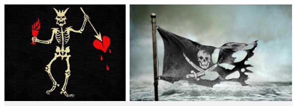 Cờ Jolly Roger truyền thống của băng Râu đen Blackbeard (trái) và cờ hải tặc thế hệ mới của Calico