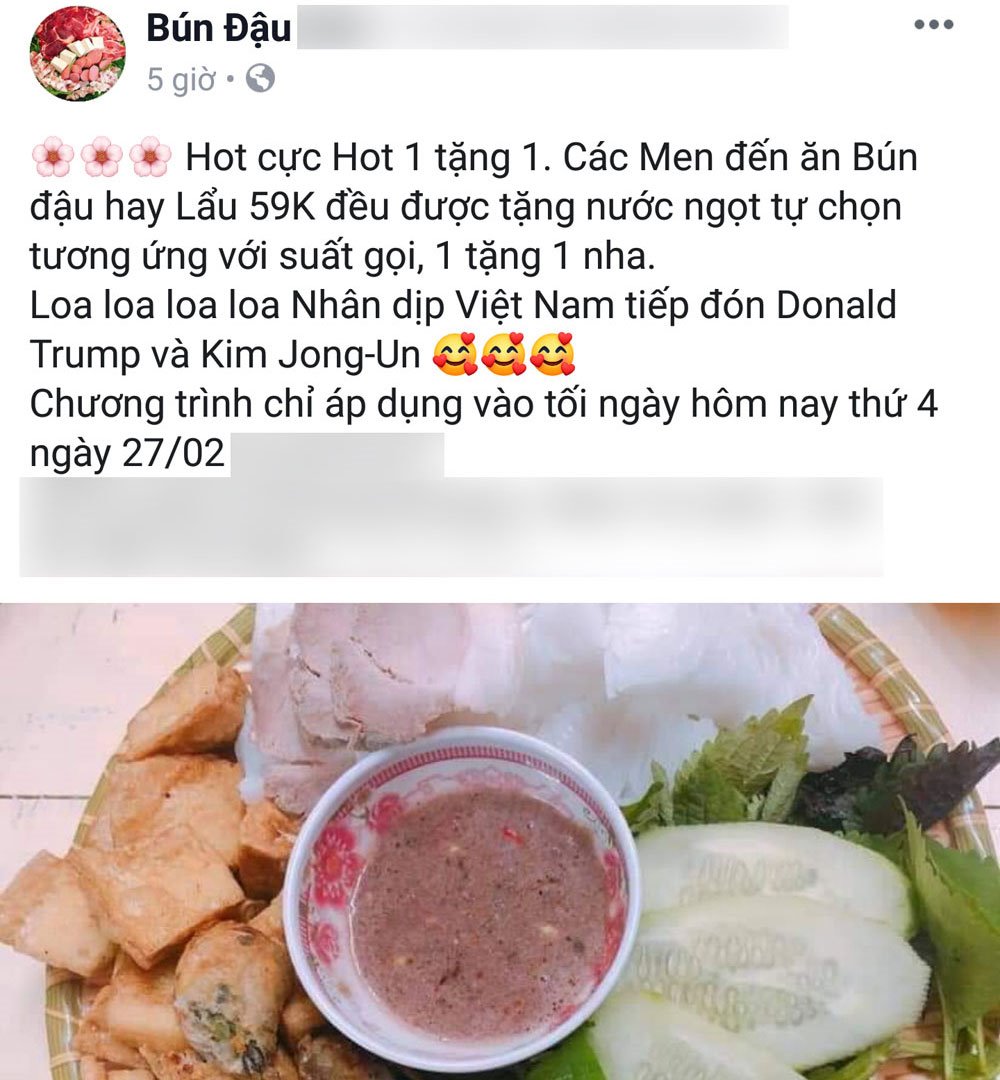 Hàng bún đậu cũng lên Facebook quảng bá ăn theo hội nghị Mỹ - Triều