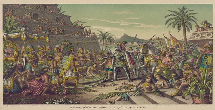 Cảnh tượng người Tây Ban Nha đến Mexico trong tranh minh họa thế kỷ 19.