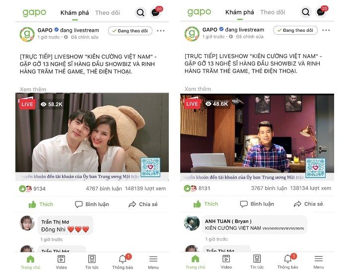 Gần 60,000 người theo dõi cùng lúc livestream Kiên cường Việt Nam trên mạng xã hội Gapo