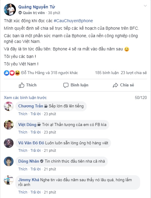CEO Nguyễn Tử Quảng gia nhập Facebook, công bố Bphone 4 ra mắt đầu năm tới
