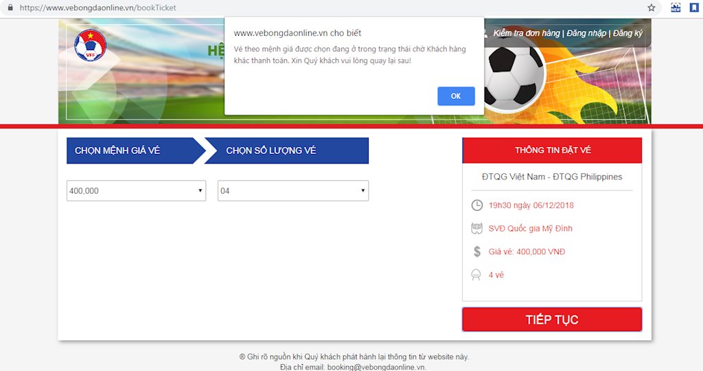 Mua vé online trận Việt Nam vs Philippines: Hết nghẽn mạng, lại đến vé đang chờ khách hàng khác thanh toán