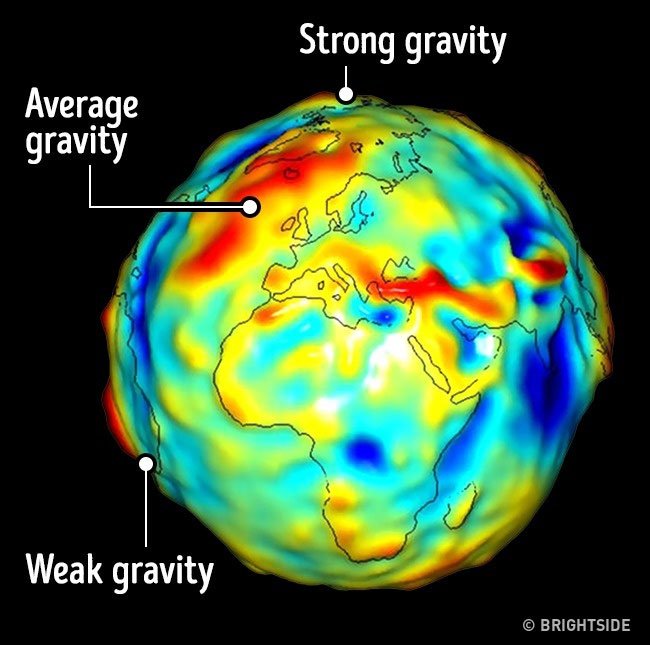 Trái Đất không phải một khối cầu hoàn hảo nên có những khu vực có trọng lực cao và trọng lực thấp.