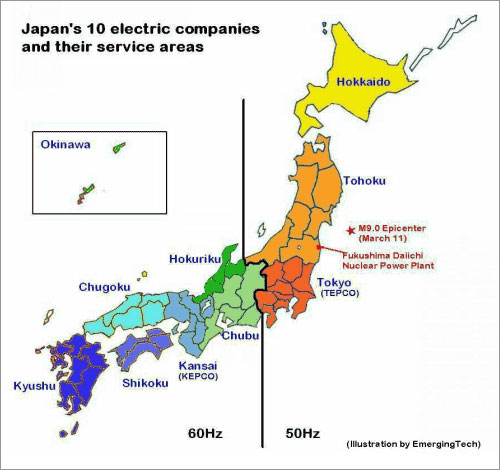Bản đồ các công ty điện lực tại Nhật và sự khác nhau về tần số dòng điện giữa đông và tây​.