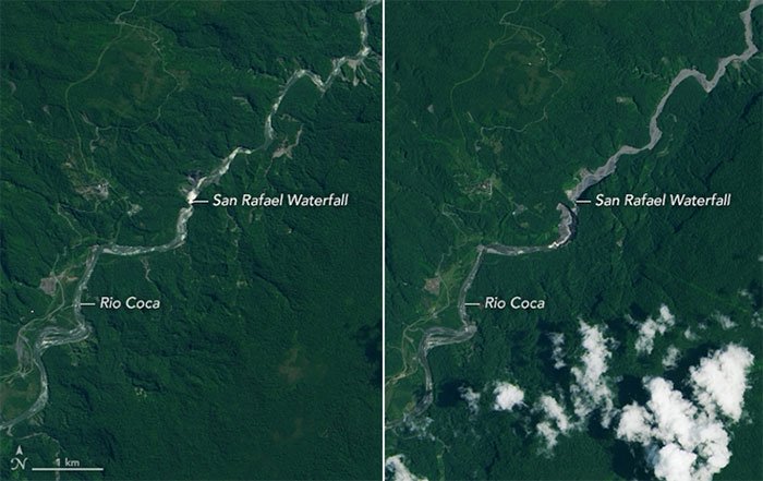 Vệ tinh chụp sông Coca và thác San Rafael ngày 4/8/2014  và ngày 15/3/2020 (phải).